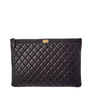 Chanel Black Quilted Lambskin Leather Large Boy Cosmetic Case (Authentic